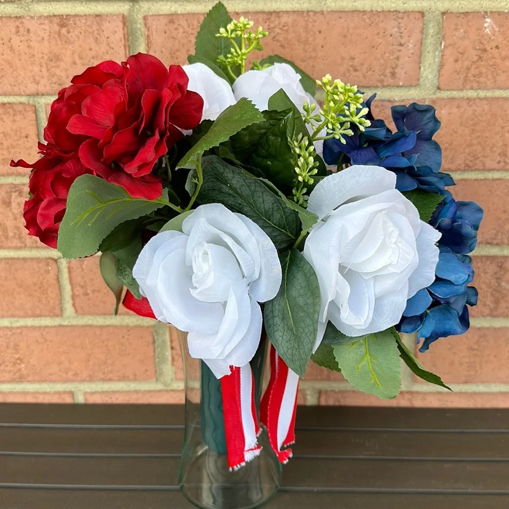 Red Blue White Roses Peony Memorial Flowers Cone